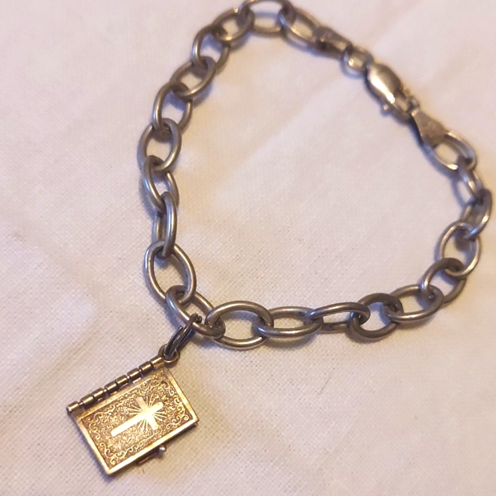 Vintage 1940-50's Holy Bible Lord's Prayer sterling charm Bracelet #3 - Picture 1 of 8